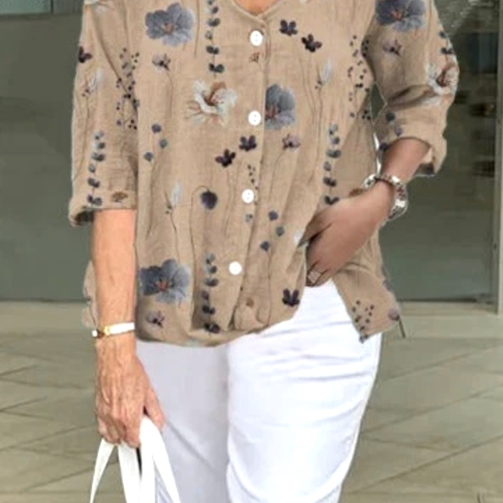 Floral Beige Button-Up Blouse - new, never worn